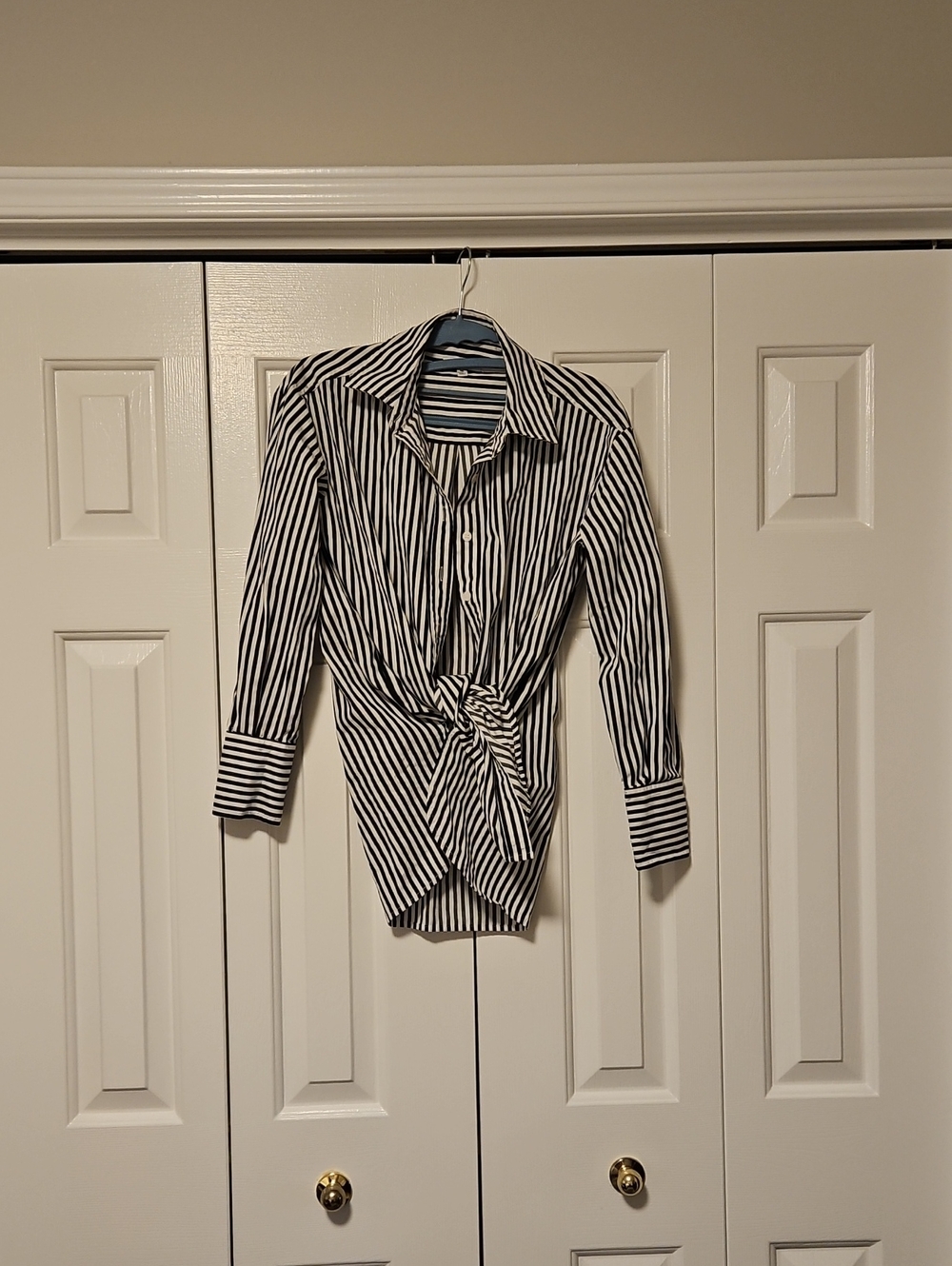 Isaac Mizrahi Black and White Striped Tie-Front Button-Down
